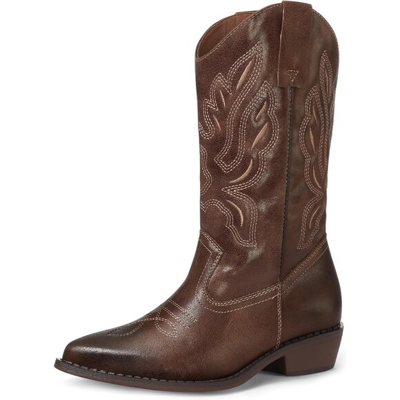 🆕Mysoft Cowboy Heel Boots Women Drak Brown PU Embroidered Mid-Calf Pointed Toe - Picture 1 of 6